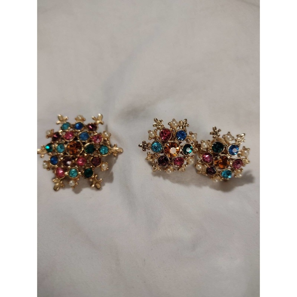 Brooch & Earring Set Non Pierced Earrings EllenChert Colorful Rhinestone